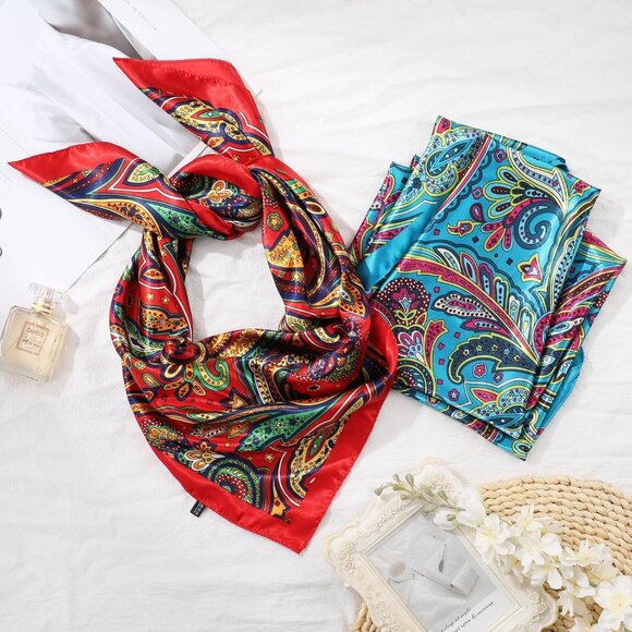 35 Inch Silk Head Scarf 2 Pcs Paisley(blue/Red) - Picture 6 of 6